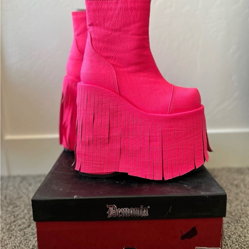 Demonia Hot Pink Fringe Platform Boots